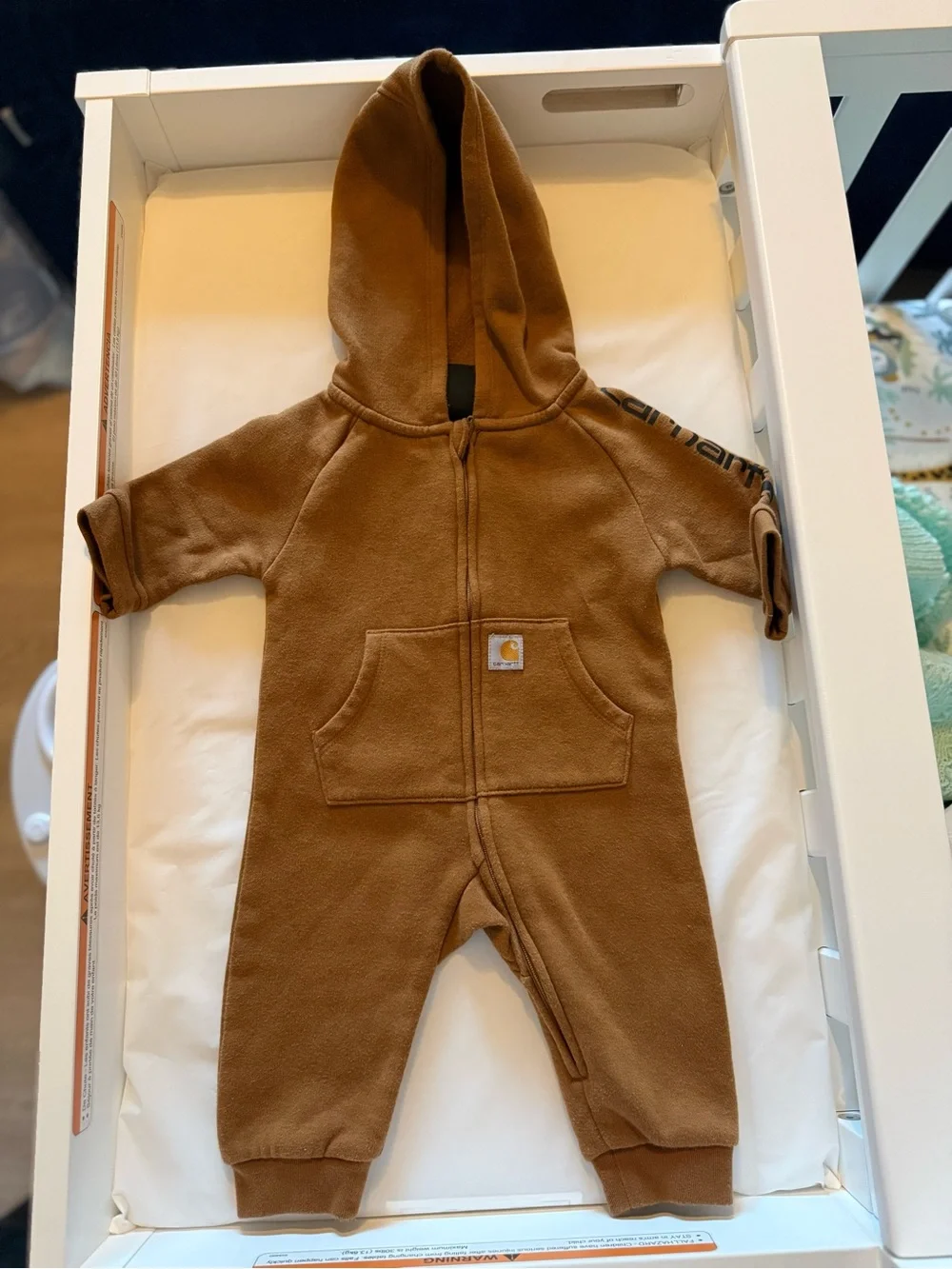 Carhartt Brown Hooded One-Piece Zip Coverall - 3 months